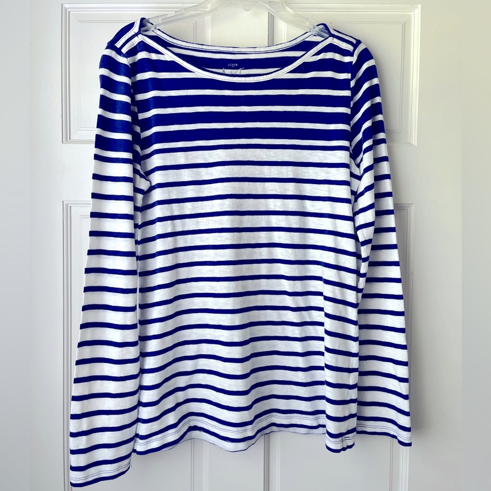 J. Crew Factory Boat Neck Artist Tee Blue and White Striped Cotton Shirt
